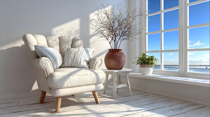 A beige armchair with pillows sits near a window, a vase of branches and potted plants are on a small side table.