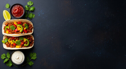 Fototapeta premium Savory Tacos Flat Lay with Vibrant Toppings and Sauces Delicious Mexican Food Flat Lay Dark Backdrop Tacos Dinner Party Food Photography