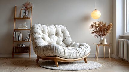 A beige fabric armchair with wooden base in a minimalist room.
