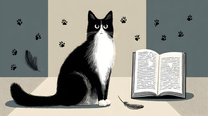 A black and white tuxedo cat sitting next to an open book on a beige surface.
