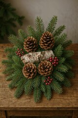 Natural pine cones scattered on forest floor with evergreen branches