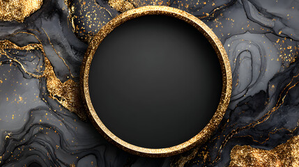 A black circular frame on a marble-like background with gold accents.