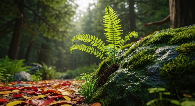 Sunlit forest floor with vibrant fern and mossy rocks