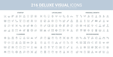 Development of business skills, startup investment, decision making and approval line icon set. Communication procedure and discussion on idea, mind process black outline symbols vector illustration