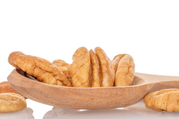 Peeled pecan nuts isolated on white background, close-up.