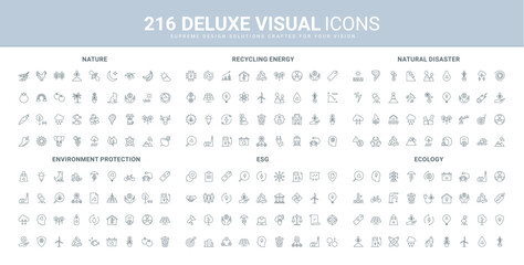 Eco energy, recycling technology, environment and ecology line icon set. ESG and corporate ideas to protect nature and global climate, environment thin black outline symbols vector illustration