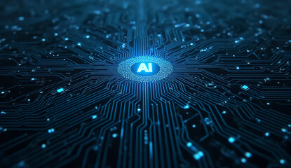 Circuit board with a glowing AI brain icon in the center on a blue and black background.