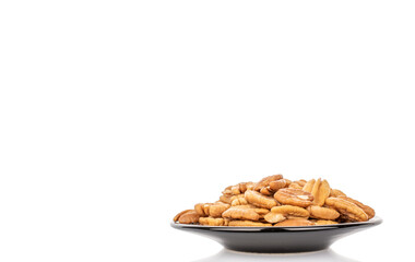 Peeled pecan nuts isolated on white background, close-up.