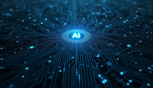 Circuit board with a glowing AI brain icon in the center on a blue and black background.