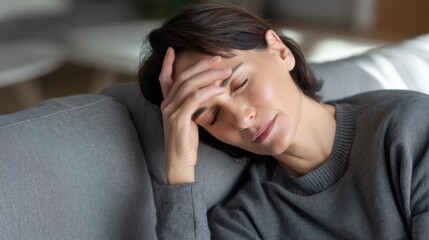 Woman is lying on grey sofa, appearing distressed with her hand on her forehead. setting is cozy and modern, conveying sense of emotional struggle