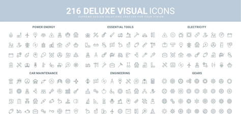 Power industry, car repair garage service and engineering line icons set. Wind and sun power for electricity production, gears of machines and work progress thin black symbols vector illustration