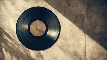 Obraz premium Classic vinyl record on a neutral surface, a timeless symbol of music and nostalgia.