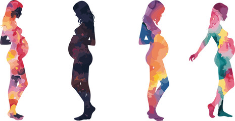 Colorful silhouette pregnant women, abstract watercolor texture, maternity, motherhood, expecting mother, diversity, body, lifestyle, vector illustration, artistic design element