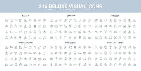 Manufacturing and industrial process, project management, business startup line icon set. Different gears, solutions of labor and workers safety thin black outline symbols vector illustration