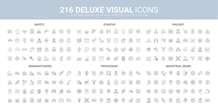Manufacturing and industrial process, project management, business startup line icon set. Different gears, solutions of labor and workers safety thin black outline symbols vector illustration