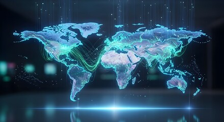 Global network connections illuminating world map showing data streams and worldwide communication visually