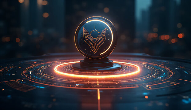 Futuristic glowing circular award badge with technology icons on a dark cityscape background.