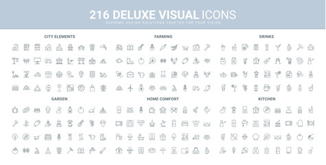 Equipment and tools for farming and gardening, cooking food in kitchen line icons set. City buildings and elements, comfort home system, farm livestock thin black outline symbols vector illustration