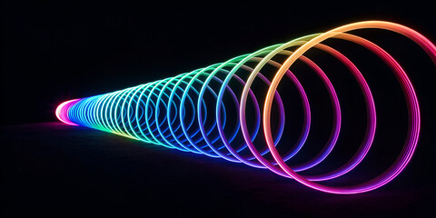 Abstract neon spiral light trail isolated on dark glowing futuristic background
