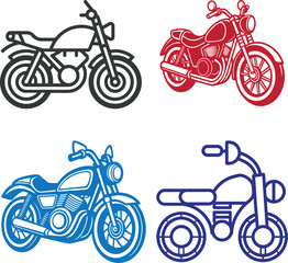 Naklejka premium Collection of motorcycle vector illustrations in red, blue, and black. Simple and stylish bike icons in modern line art and graphic design style, perfect for logos, posters, stickers, t-shirt prints, 