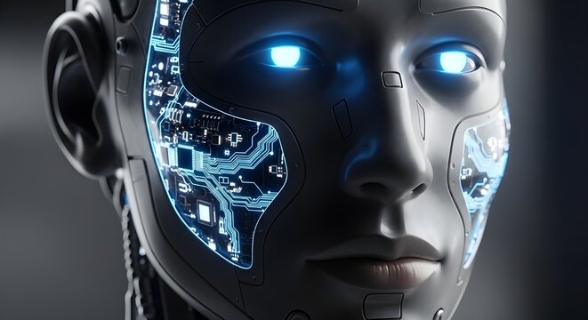 Cutting edge robot face with glowing blue eyes and intricate circuitry patterns, future technology