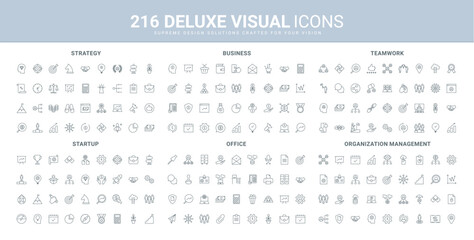 Startup strategy management and success, teamwork and workplace office equipment line icons set. Organization of business agreements and team communications thin black symbols vector illustration