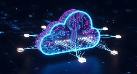 Secure cloud computing network with futuristic neon design for data storage and processing concept