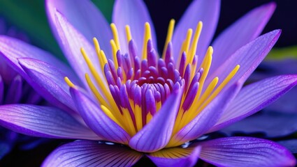Fototapeta premium Close-up of purple water lily flower with yellow stamens and vibrant petals.