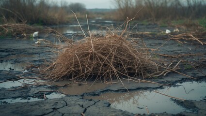 Fototapeta premium A pile of dried twigs and branches on wet black soil with water and trees in the background.