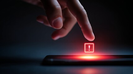 A close-up of a hand reaching towards a glowing red alert icon on a smartphone, creating a sense of urgency.