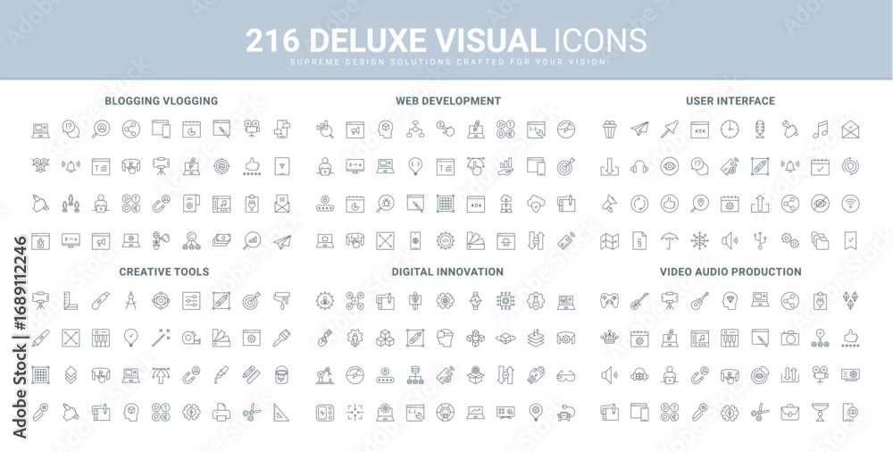 Aufkleber ui and website development and testing line icon set. social media blog and vlog author, video and a