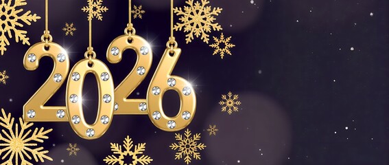 Golden numbers 2026 with diamonds and snowflakes on purple festive background