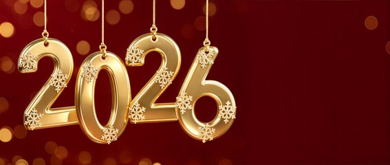 Golden Christmas ornament numbers 2026 with diamonds on red festive background and snowflakes