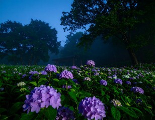 Low-angle view of a misty hydrangea field at dawn, with trees in the background