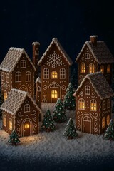 Miniature gingerbread village with illuminated windows on snowy winter scene