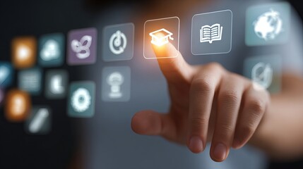 A close-up of a hand reaching towards digital education icons, symbolizing technology and learning.