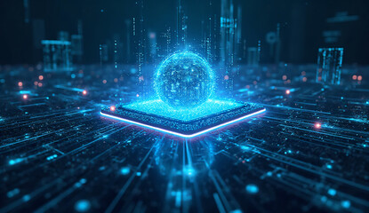 Digital concept of internet data collection and AI analytical calculation on a blue copyspace banner.