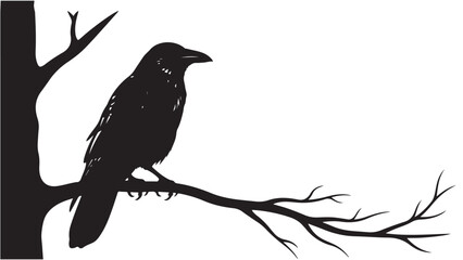 Silhouette of a Raven Perched on a Branch Against a White Background