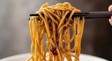 Chopsticks hold noodles coated in sauce