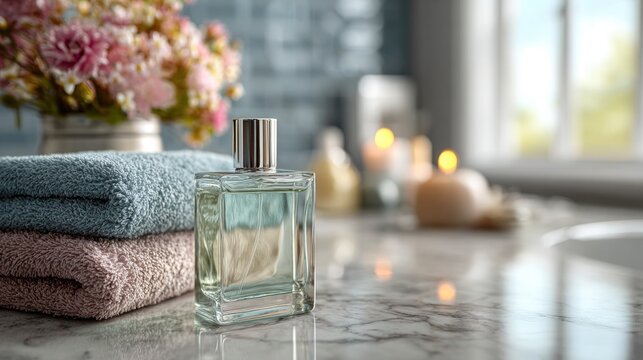 Perfume Bottle with Towels and Candles in Bathroom - Powered by Adobe