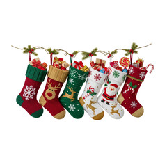Holiday Stockings Hanging Decoration with Candy and Presents Isolated on Transparent Background PNG