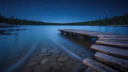 Obraz premium Long exposure of a night scene with calm water, a wooden dock extending into the lake, starry sky, and surrounding forest.
