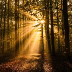 Fototapeta premium Golden sunlight streams through a tranquil forest path, illuminating the autumn leaves.
