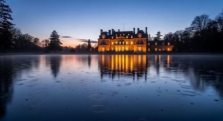 Fototapeta premium A stately residence, illuminated by the soft glow of twilight, reflects serenely on the still surface of a tranquil lake.