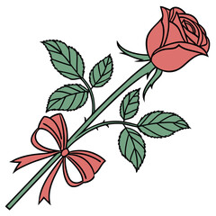 Single red rose with green leaves and pink ribbon bow on white background