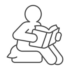Man with book on pillow seat thin line icon, book festival concept. Vector graphics. Book reading for boys sign on white background, outline style icon for mobile or web design.