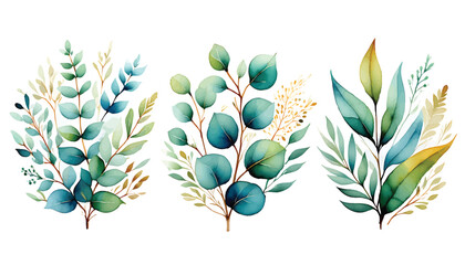 Elegant Watercolor Eucalyptus Branches Vector Illustration Set © Md
