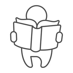 Young reader child thin line icon, book festival concept. Vector graphics. Book in baby kid hands, reading sign on white background, outline style icon for mobile or web design.