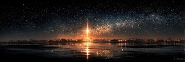 Starry night sky illuminated by a bright cross over a serene lake during winter at the edge of a peaceful town