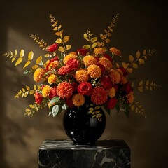 Fototapeta premium Autumn bouquet with orange and yellow flowers in black vase